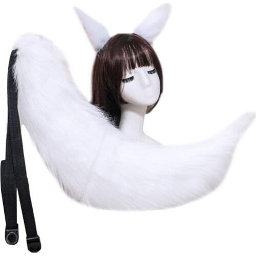 Japanese Anime Cosplay Costume Accessory Adult Kids Fluffy Plush Cat Wolf Ears Hair Clips Solid Color Long Animal Tail