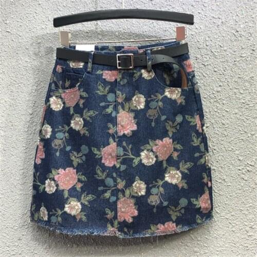 Summer Women Floral Print Denim Skirt Fashion High waist Mini Skirt Female Pocket Loose A-Line Jeans Short Skirts 2020 New