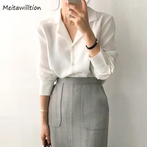 Women White Chiffon Blouse Shirt Korean OL Office Tops Autumn 2020 Casual Solid V-Neck Long Sleeve Loose Shirts