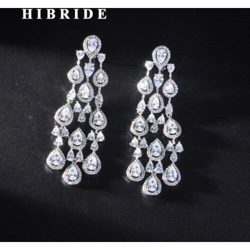 HIBRIDE New Fashion Design Cubic Zircon Long Drop Earrings For Women Birdal Accessories Boucle D'oreille Jewelry E-923