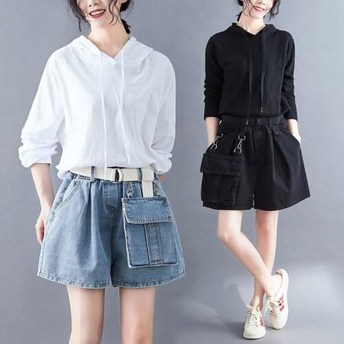 2021 Summer Elastic Waist Casual Slimming Look Thin A-line Pants Big Pocket Denim Wide Leg Shorts Women Jeans Fashion Streetwear