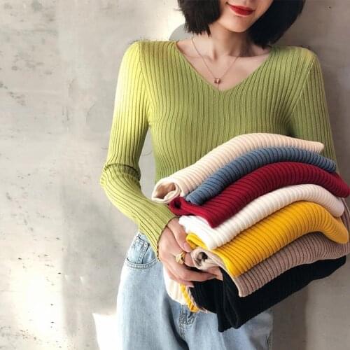 Women V-Neck Basic Slim Sweater For Women Top 2021 Spring Fall French Sexy Knit Sweater Female Knit top