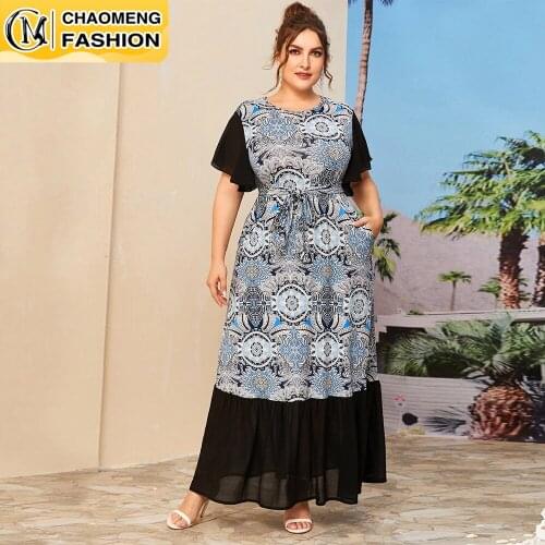 New Arrival Vestido De Mujer Printing Stitching Chiffon Elegant Women Dress Bohemian Clothing America Europe Casual Femme Robe