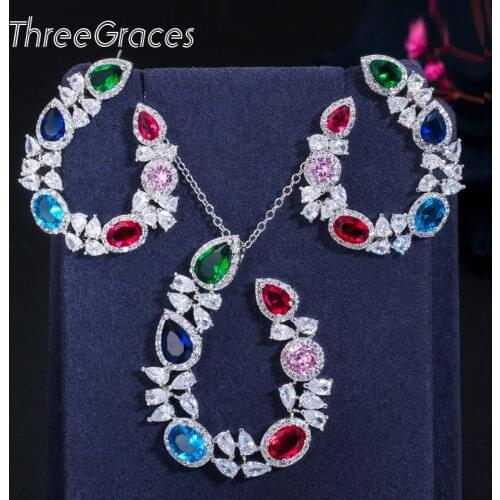 ThreeGraces Sweet Colorful CZ Water Drop Big Symmetrical Earrings Pendant Necklace Fashion Jewelry Set for Women Party JS124