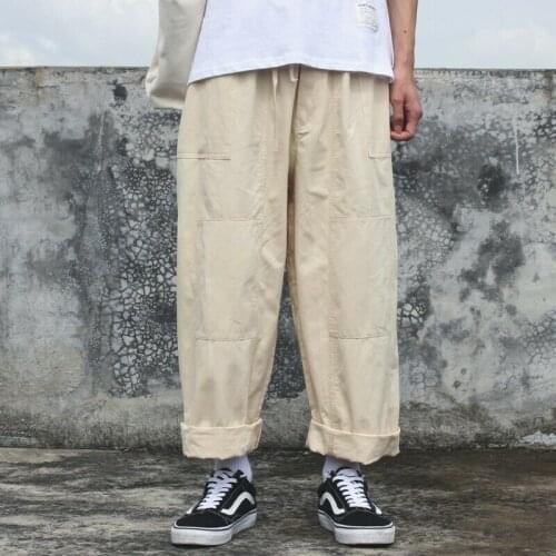 Male Loose Straight Trousers Cargo Pants Slacks Vintage Japanese Elastic Waist