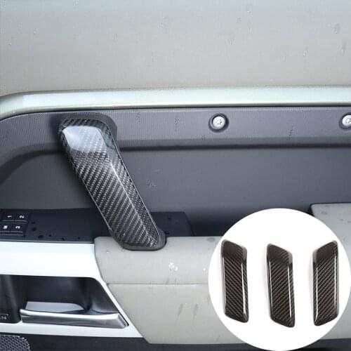 Car Styling Cover Real Carbon Fiber Inner Door Handle Trim Shell Decorate Accessories 3 PCS For Land Rover Defender 110 20-2021