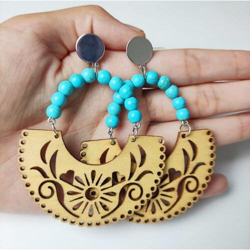 Curved Natural Stone Beaded Line Cutout Wood Flower Arabesque Earrings for Women 2021 New Boho Ethnical Arabic Jewelry Wholesale