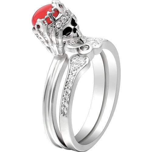 2019 Crown Shape Ring Red CZ Stone Silver Color Punk Skull Ring Sets For Women Men Fashion Jewelry Engagement Ring Drop shipping