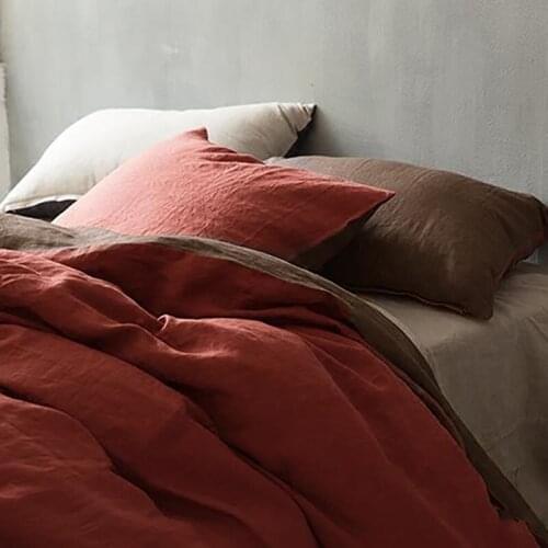 Set of 4 Pre stone washed 100% Natural Linen coffee and burgundy striped bedding set duvet cover + 2 pillowcases + 1fitted sheet