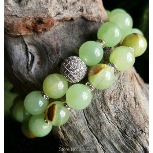 Pave CZ Ball Green Jades Beads Bracelet Set of 2 SE21580