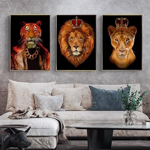 Animal Male Lion and Female Lion Wearing A Crown Posters Prints Tiger Wear Gold Necklace Abstract Animal Canvas Painting Picture