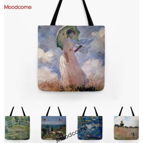 French Claude Monet Impressionism Oil Painting Sleeping Lily Sunrise Garden Water Resistant Linen Shoulder Tote Bag Grocery Bag