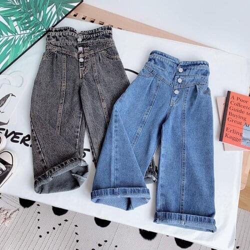 Spring Autumn girls jeans baby denim pants kids wide leg trousers children bottoms streetwear high waist bud buttons 3 to 14 yrs