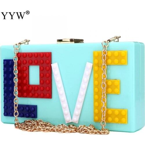 YYW Fashion Box Bag Clutches Purse Shoulder Bags Dream Brides Maids Letter Clutch Female Love White Party Evening Bag with chain