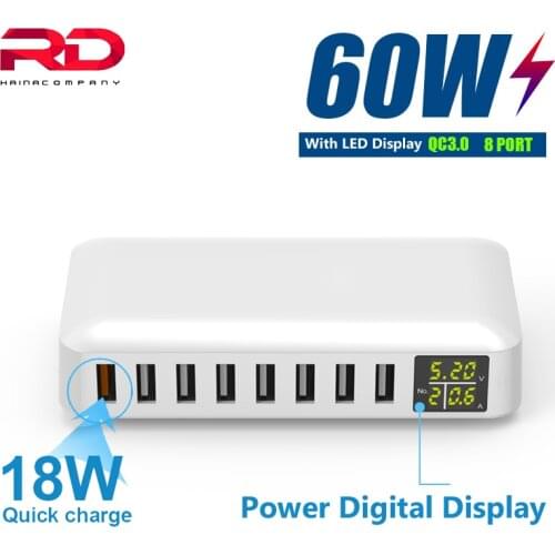 60W Multi USB Charger Station QC3.0 Fast Charger Charging with LED display 8 Ports Multiple Port Charger For iphone 11 12