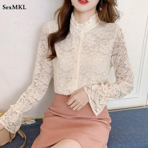 Women Long Sleeve Lace Blouses 2021 Elegant Autumn Hollow Out White Office Shirt French Y2k Fashion Black Basic Sexy Ladies Tops