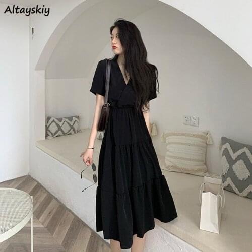 Short Sleeve Dresses Women V-neck Solid Plus Size S-4XL A-line High Waist Elegant Lady Feminine Fashion Korean Style Female New
