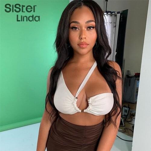 Sisterlinda Sexy Crop Top Women Camisole Metal Decorative 2019 summer Deep Neckline Open Back One Shoulder Bustier Strap Vest