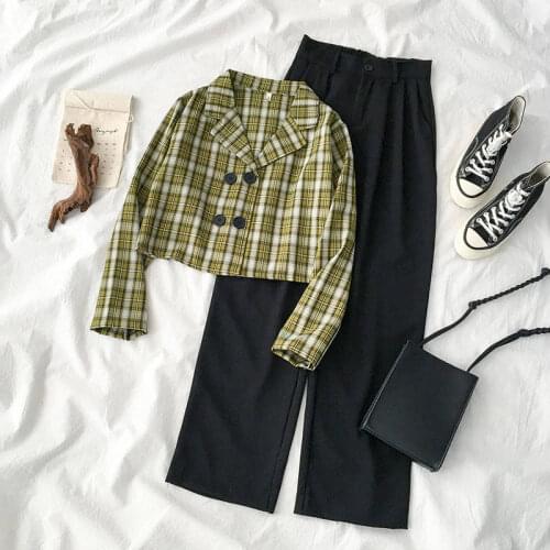 2020 Autumn new womens suit] student Korean version of the loose fashion plaid suit jacket + wide leg pants two pieces