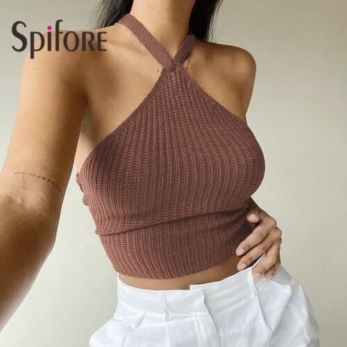 Spifore Brown Knit Bodycon Crop Top Summer Sleeveless Halter Ladies Clothes Fashion Backless Club Sexy Tops Women