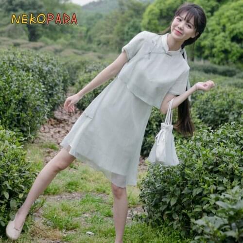 "Jasmine Love" Mori Gril Womens Chinese Chipao Style Fake 2pcs Dress Summer Chiffon Short Sleeve Slim-fit Sheath Dress Elegant