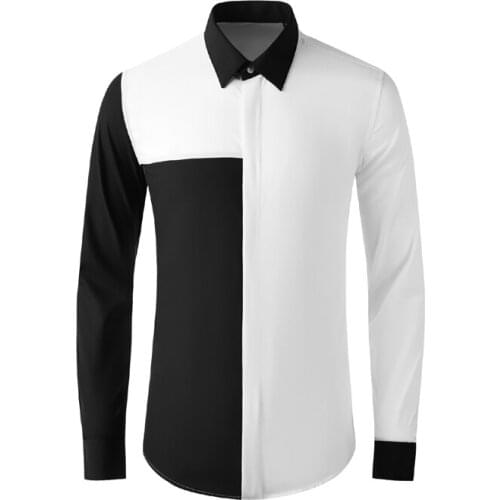 Black and white stitching contrast color Slim 80% Cotton Men shirt long sleeve collar chemise homme Brand Male Dress Shirts