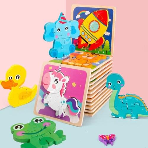 Baby Toys Wooden 3D Puzzle Cartoon Animal Unicorn Intelligence Kids Educational Brain Teaser Children Shapes Learning Jigsaw Toy