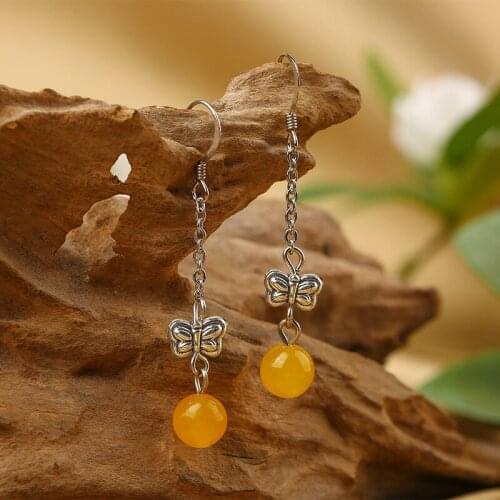 Chalcedony Long Drop Earrings With Butterfly Shape Chinese Retro Light Creativity Classical Luxury Charm Womens Silver Jewelry