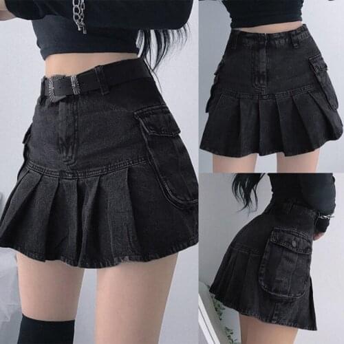 Goth High Waist Jean Skirts Aesthetics Black Denim Pleated Skirts with Big Pockets Punk Style Girl Outfits