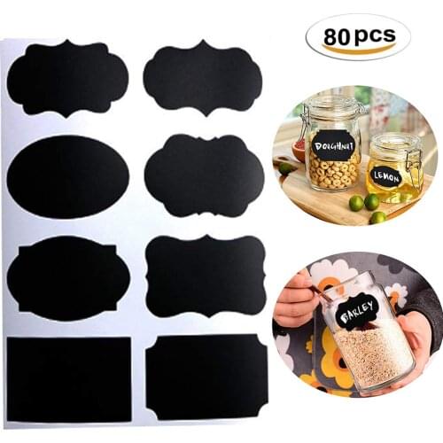 80pcs/10 sets Waterproof Glass Bottles Chalkboard Labels Tags Home Kitchen Jars Stickers Reused Wedding Party Decor Black Labels