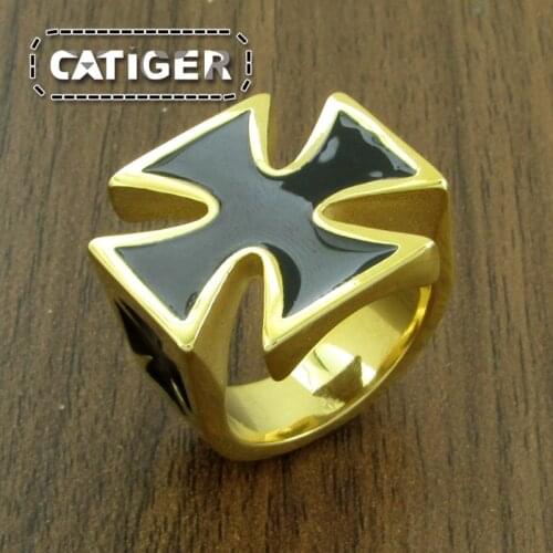 Gothic German Army Iron Cross Ring Stainless Steel Jewelry Punk Golden Plated Black Resin Cross Ring