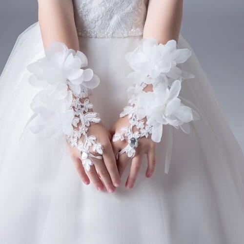 Lace Beaded Wedding Gloves For Flower Girls Red Ivory Fingerless Childs Dress Gloves For Birthday Party Performance Kids Gloves