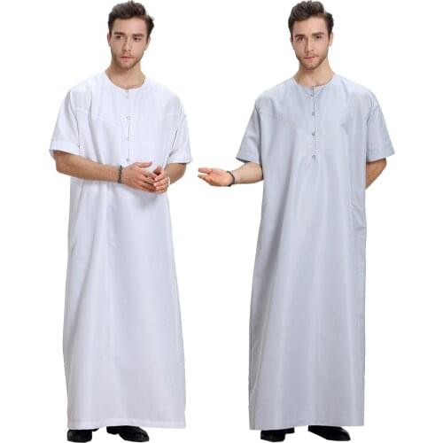 Summer Muslim Arab Clothing Men Jubba Thobe Short Sleeve Button Casual Robe Dubai Middle East Male Islamic Muslim Kaftan Robe
