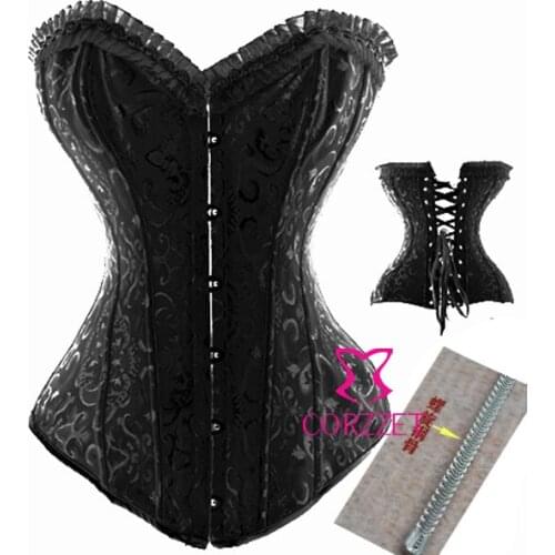 Hot Lace up Back Satin Jacquard Full Steel Boned Shaper Corset Black S-6XL Plus Size Sexy Lingerie Top Floral Bustier Corselet
