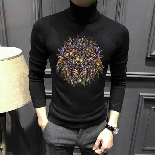 Harajuku New Mens Turtleneck Sweater Fall/Winter High Quality Knitted Long Sleeve Hot Drill Pullover Warm Tops Oversize