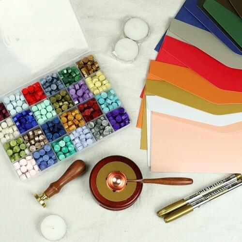Sealing Wax Beads Set with Wax Melting Spoon & Candle Wax Seal Stamp Kit for Craft Letter Decor 19/24/32 Colors EL