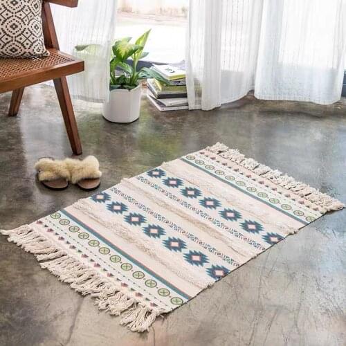 Cotton Linen Chenille Floor Mat Rug Door Carpet sofa Coffee Table Foot Pad Manual Tassels Geometric Washed For Home Living Room