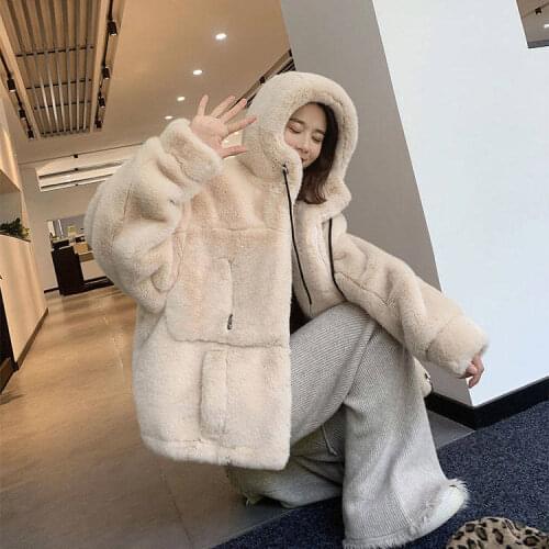 2020 Autumn winter new faux fur coat female rabbit fur fur fur hooded fur coat loose-fitting warm fashion coat