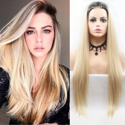 Straight Blonde Middle Part Frontal Lace Wig Silk Long Halloween Wigs for Girl Dark Roots Ombre Color Party Cosplay Wigs