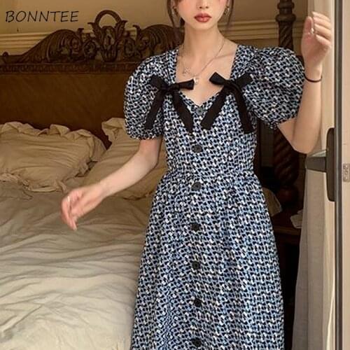 Dress Women Elegant Puff Sleeve Printed Mid-calf Sundress Sweet Ladies French Style Single Breasted Bows Retro Trendy Female Ins