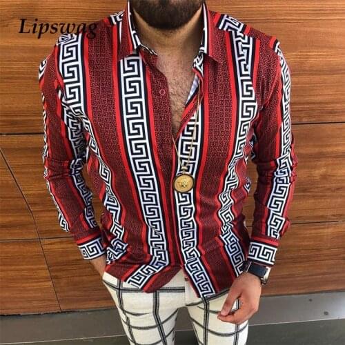 Spring Autumn Long Sleeve Shirts For Men Casual Buttoned Turn-down Collar Shirt Vintage Pattern Printing Mens Slim Cardigan Tops