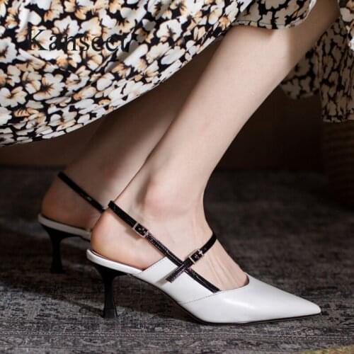 Kanseet Elegant Pointed Toe Patchwork 2021 Summer Womens Sandals Genuine Leather Handmade Sexy Thin High Heel Mules Women Shoes