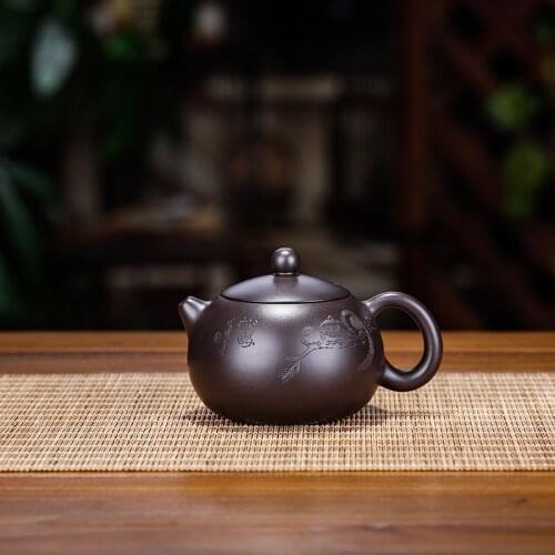 Spherical Hole Purple Clay Teapot Carved With Black Mud Zisha Teapot Yixing Handmade Pot Kung-fu Teaware Purple Clay Drinkware