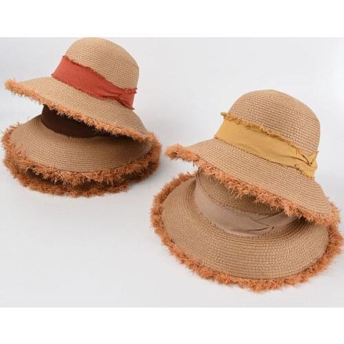 New Womens Summer Hat Sun Protection Cap Female Flat Top Fringed Edge Wide Brim Hat Ribbon Raffia Straw Hat Beach Hat Sun Hats