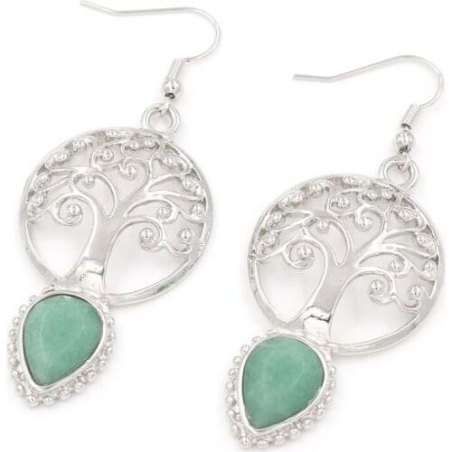 YJXP Silver Plated Classic Style Water Drop Green Aventurine Earrings Tree of Life Jewelry