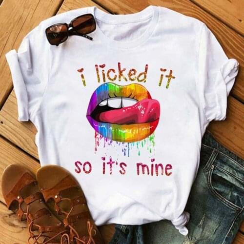 I Licked Ii So Its Mine Printed T-Shirt Womens Summer Casual Tees Lips Harajuku Korean Top 2021 New Kawaii Womens T-Shirt