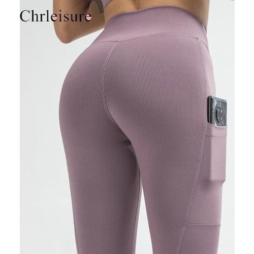 CHRLEISURE Ribbed Leggings Women High Waist Elastic Butt Lift Leggings Women Push Up Sports Fitness with Pocket Leggings