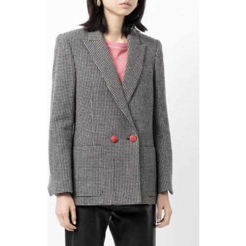 Womens Coat 20231 Autumn and Winter Suit Collar Double-breasted Plaid Waist Commuter Check Coat 100% Cotton Blazer Jacket