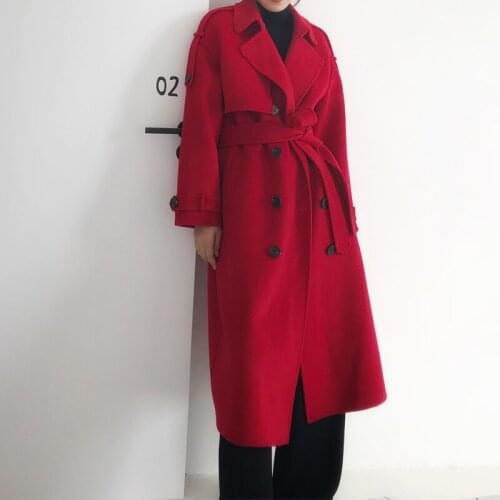 Winter Elegant 100% Wool Coat Female Vintage Red Woolen Jacket Women Korean Belt Blend Coats Fit Manteau Femme Hiver 2020 041817