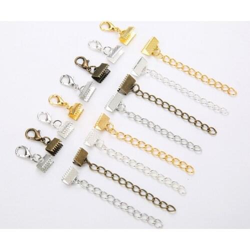 10set Flat Cord End Fastener Clasps With Extend Extension Chains Lobster Clasps End Connectors For Diy Necklace Jewelry Making